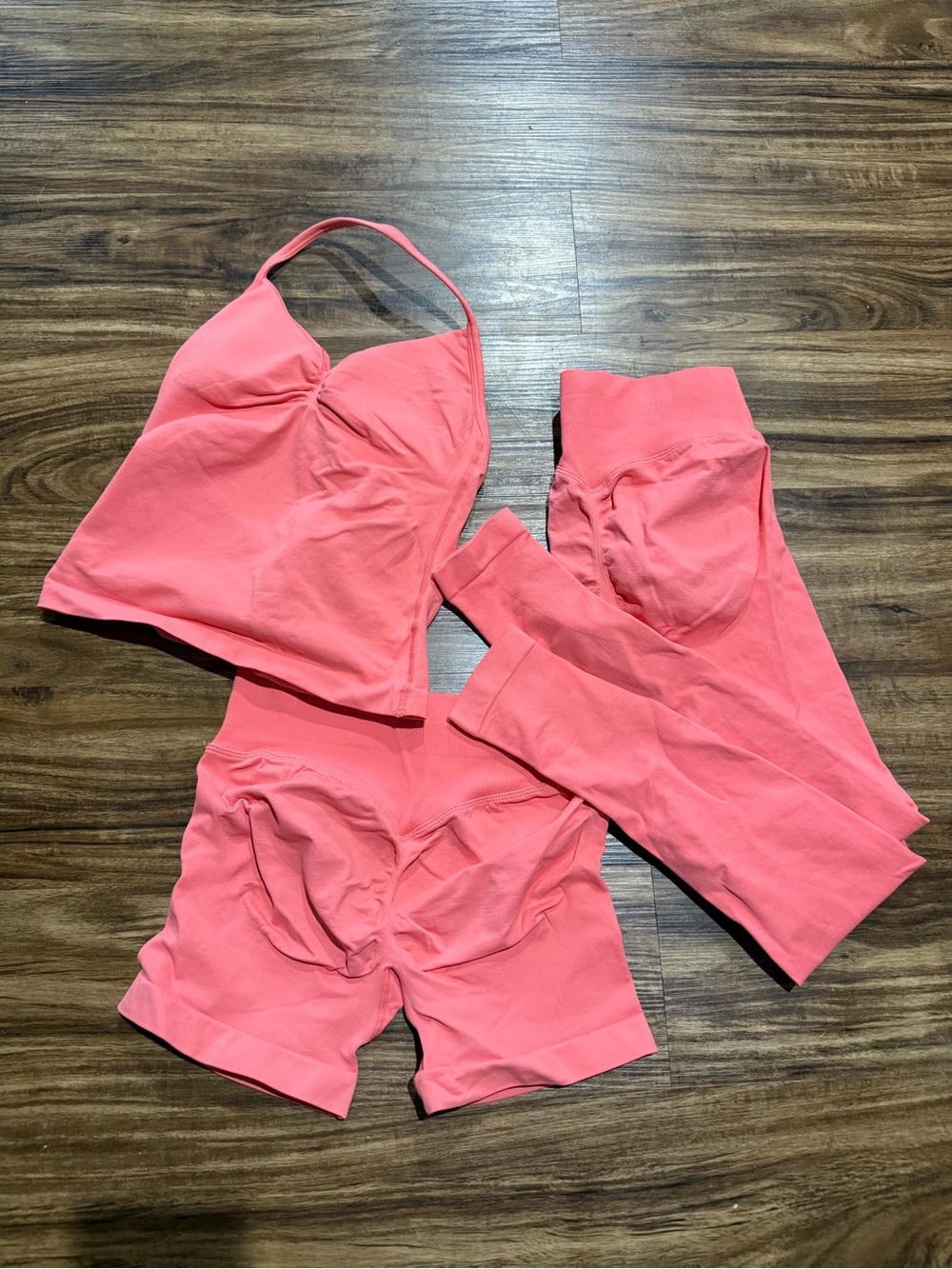 Coral Pink Active Set — Crop Top, Leggings & Shorts